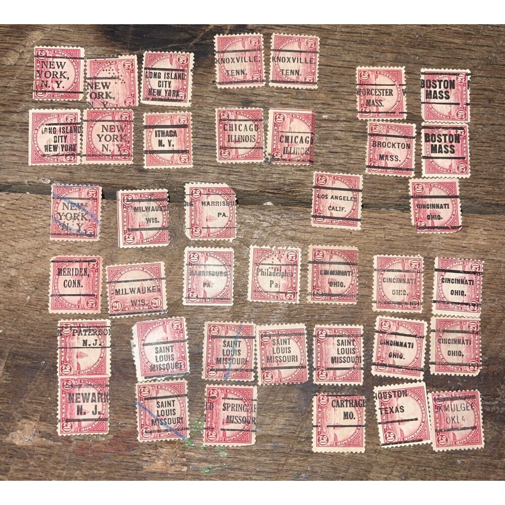 Lot of 39 US 20 Cent Stamps 1923 WIS, PA, IL, OH, TX, MO, CA, NJ, NY, MA, OK
